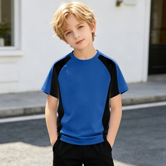Boys Short Sleeve T-Shirts Kids Summer Color Block Tops (Blue 4T-5)