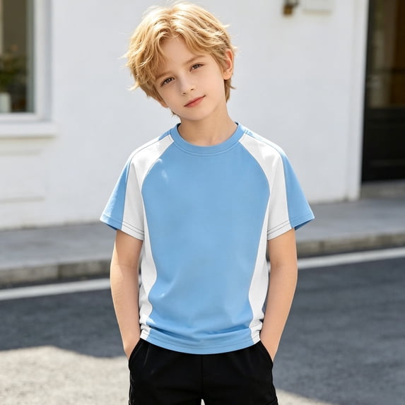 Boys Short Sleeve T-Shirts Kids Summer Color Block Tops (Sky Blue 4T-5)