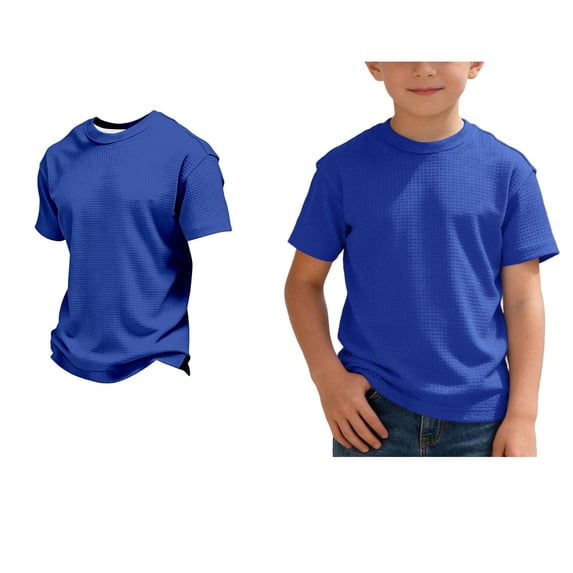 Boys Short Sleeve T Shirts Ribbed Kids Summer Comfortable Round Neck Top Tee Loose Fit Blue Comfort Breathable Basic Tees 4T