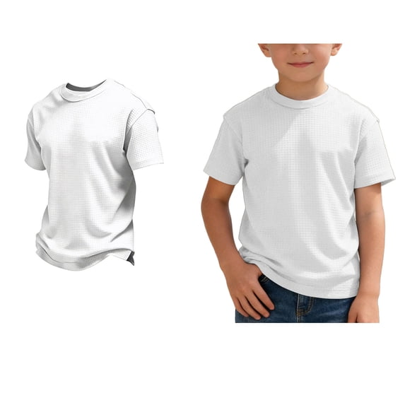 Boys Short Sleeve T Shirts Ribbed Kids Summer Comfortable Round Neck Top Tee Loose Fit White Comfort Breathable Basic Tees 6-7 Years