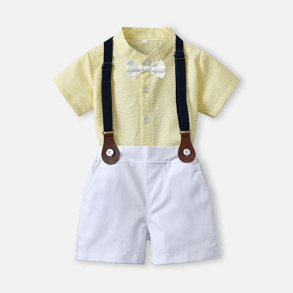Boys Short Sleeve Top&Strap Shorts Suit Outfit For Baby Toldders Solid Color Shirts, Photography Performance Set Boys Pants Set Child Jumpsuit Boys T-shirt Suspenders Shorts