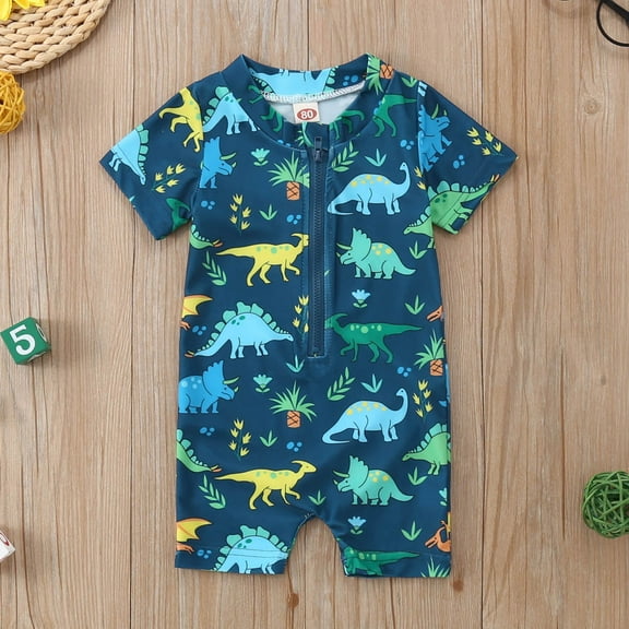 Boys Short Sleeved One Piece Swimsuit With Zip Cartoon Dinosaur Print Dark Blue 2 Y-3 Y