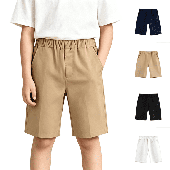 Boys Shorts Elastic Waist Flat Front With Pockets Summer Daily Casual Hiking Chino Shorts,Sizes 3-17