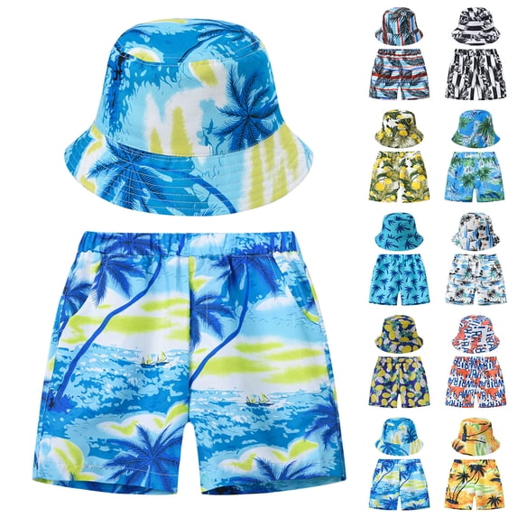 Boys Shorts Kids Summer Beach Shorts Floral Print with Bucket Hat Set Light Yellow 4-5 Years