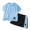 thumbnail image 1 of Boys Shorts Sets 2 Piece Color Block Tee Shirt and Athletic Shorts for Kids Short Sleeve Summer Outfit Sets for Boys,Sky Blue,8-9 Years, 1 of 5