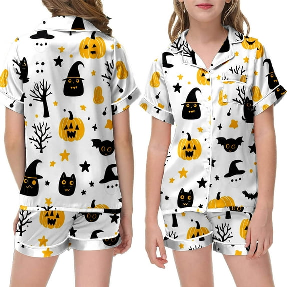 Boys Silk Pajamas Halloween Pajamas Cute Pumpkin Print Short Sleeve Button Down Loungewear Fall Kids Boy Pajamas Size 6-7 Years