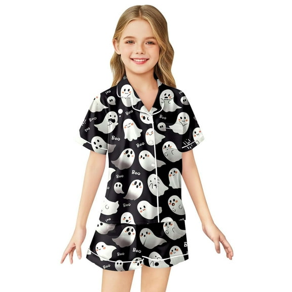 Boys Silk Pajamas Set Button Down Sleepwear Set Toddler Sleepwears Halloween prints Christmas Girls Pajamas 2T