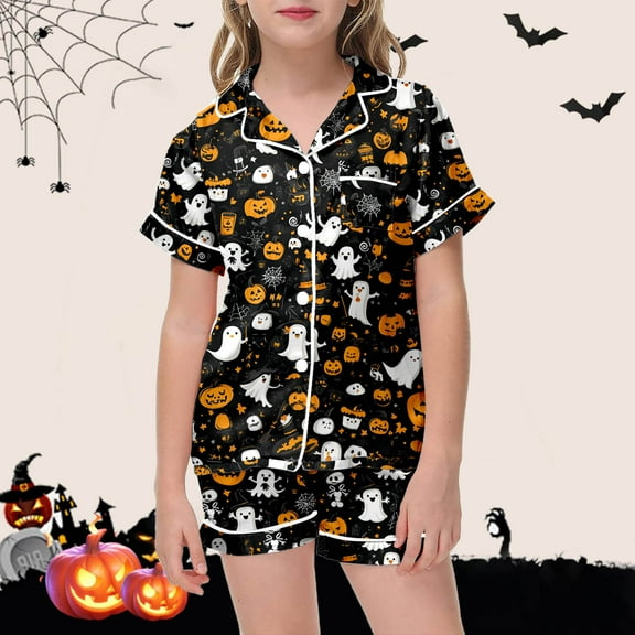Boys Silk Pajamas Set Girls Button Down Pajamas Set Toddler Nightgown Halloween prints Pjs for Girls Size 4T