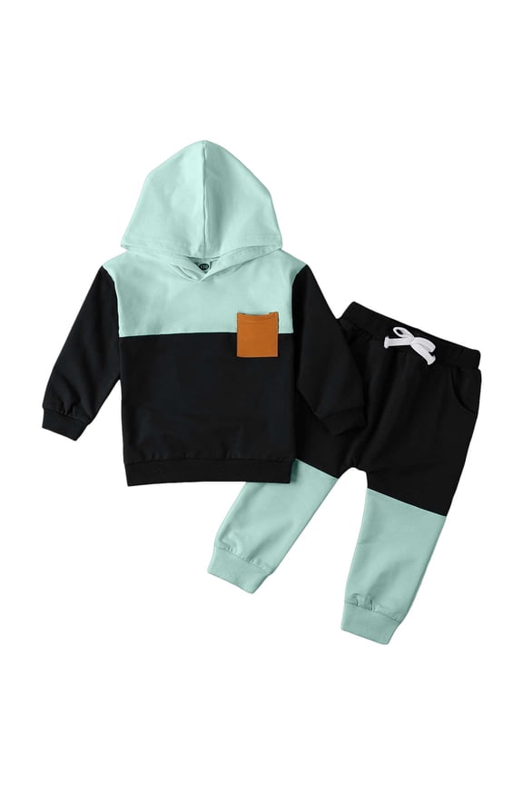 Boys Simple And Fashionable Color Blocked Hooded Sweatshirt Set Casual Two Piece Set