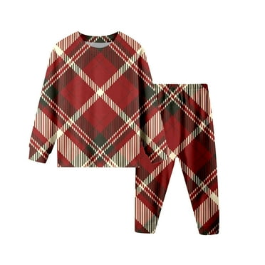 Boys Size 7 Winter Pajamas Sets Round Neck Long Sleeve Cotton Pjs Plaid Print Warm Bottom Sleepwear,120(7-8 Years)