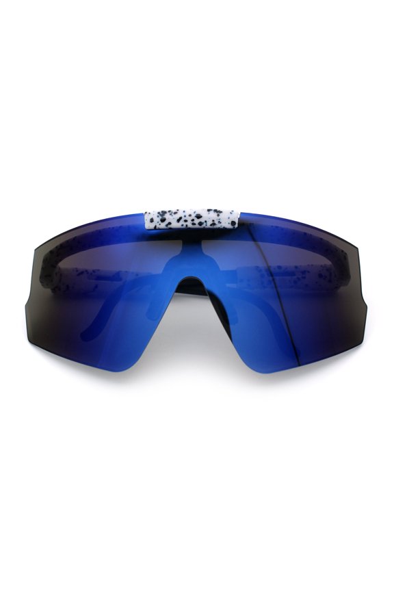 Boys Size Flip Up Shield Rimless Adjustable Arm MTB Sport Sunglasses White Black - Blue Mirror
