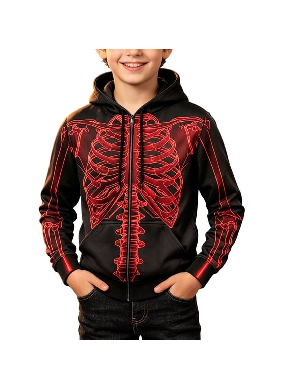 Boys Skeleton Print Full Zip Hoodie, Halloween Kids Skull Graphic Long Sleeve Zip Up Jacket with Kangaroo Pocket