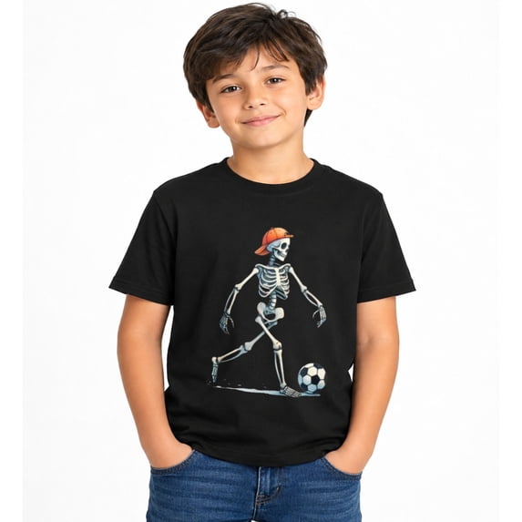 Boys Skeleton Soccer Player Halloween T-Shirt, Spooky Graphic Short Sleeve Shirt for Fall and Seasonal Wear