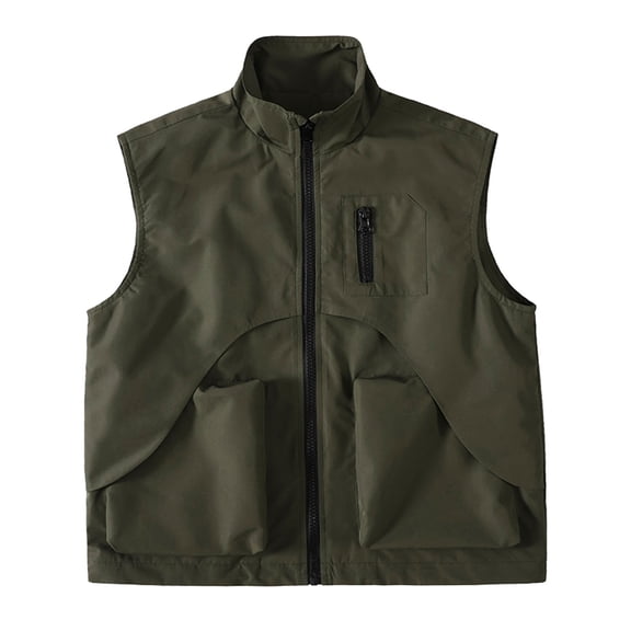 Boys Sleeveless Jackets Stand Collar Front Zip Vest Outwear Casual Loose Stylish Coat With Multi Pockets (11-12 Years, Army Green)