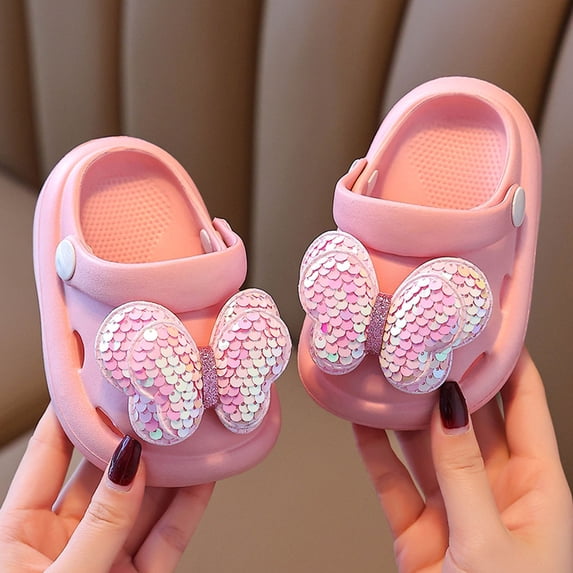 Boys Slippers For Toddlers Soft Sole Slides With Glitter Bow Design Summer Shoes For Kids Casual Boys Slippers Pink 19CM