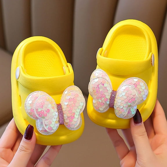 Boys Slippers For Toddlers Soft Sole Slides With Glitter Bow Design Summer Shoes For Kids Casual Boys Slippers Yellow 15CM