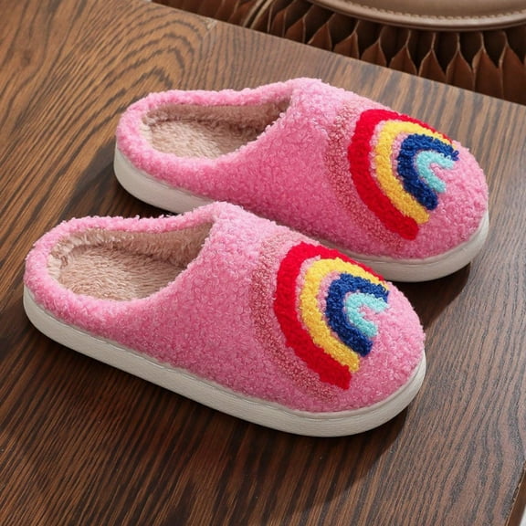 Boys Slippers Rainbow Pattern Indoor Outdoor House Slipper Fuzzy Fluffy House Shoes Slip On Comfort Footwear Cute Flat Slides Red US: 9