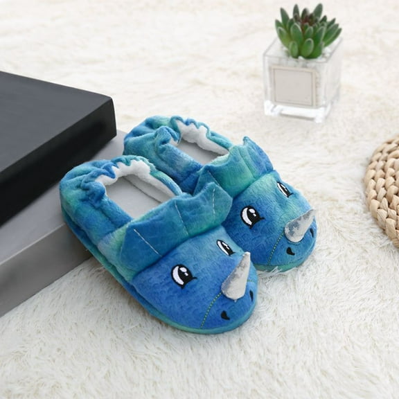 Boys Slippers Warm Winter Non Slip Furry Home Shoes Soft Indoor Outdoor Comfortable Casual Closed Toe Pull On Baby Shoes Blue Sizes 6-7 Y