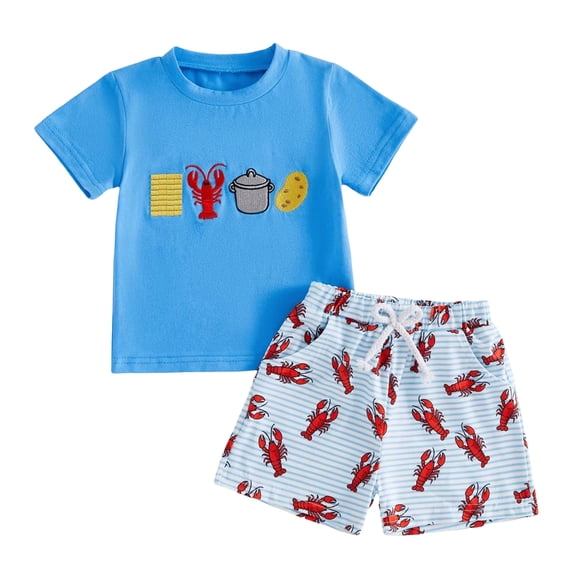 Boys Smocked Outfit 2T Toddler Baby Boy Girl Crawfish Outfit Lobster Short Sleeve T-Shirt Tops Shorts Set Baby Summer Clothes