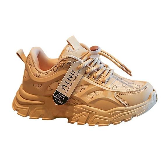 Boys Sneakers Boys Girls Sports Shoes Lightweight Flat Thick Bottom Athletic Footwear Breathable Comfortable Sports Shoes for All Season School Playground Park Boys Shoes,Color:01 Khaki, Size:26