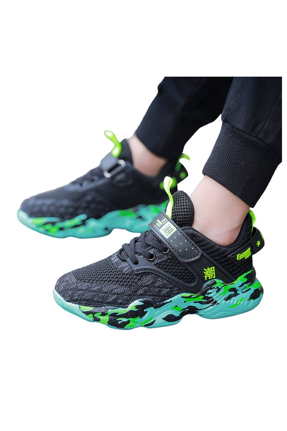 Boys Sneakers Fashion Pattern Soft Sole Mesh Running Shoes Lightweight Casual Breathable Walking Trekking Shoes Green 3.5 Big Kid