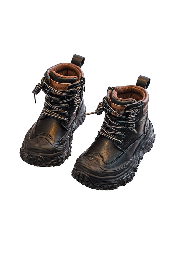 Boys Snow Boots Chunky Platform High Top Winter Hiking Booties Lace up Side Zipper Waterproof Leather Sneakers Black 3 Big Kid