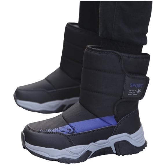 Boys Snow Boots Winter Waterproof Nonslip High Top Hook and Loop Thickened Warm Outdoor Cold Weather Hiking Shoes Black 2 Big Kid