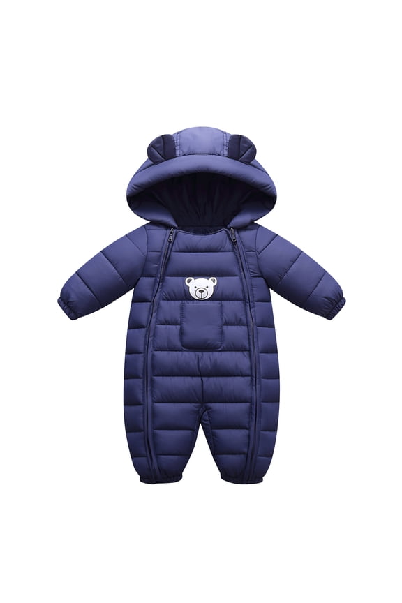 Toddler Snow Suit Thick Warm Long Sleeve Windproof Zipper Cute Bear Hooded Jumpsuit Coat Baby Snowsuit Navy 6 Months-12 Months