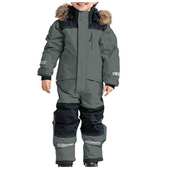 Boys Snowsuit Ski Suit Thermal Winter Warm Windproof Overall Softshell Jumpsuit Removable Hood Outdoor Snow Clothing for Kids