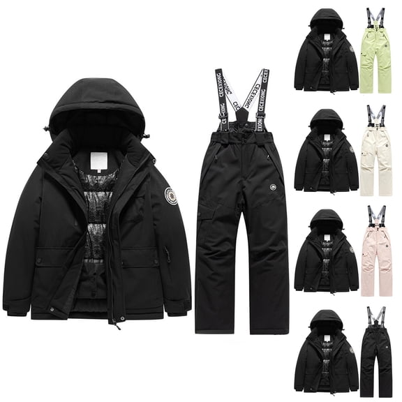 Boys Snowsuit Winter Ski Windproof Hooded Jacket Suspenders Pant Casual Warm Thermal Cold Weather Girls 2 Piece Outfits 14-15 Y