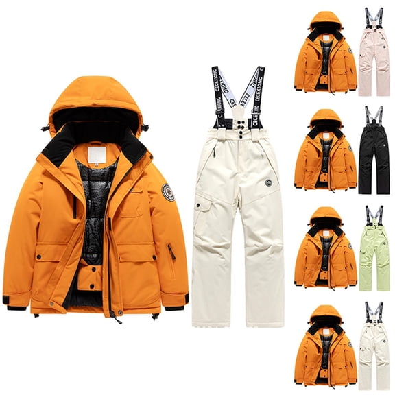 Boys Snowsuit Winter Ski Windproof Hooded Jacket Suspenders Pant Casual Warm Thermal Cold Weather Girls 2 Piece Outfits 5-6 Y