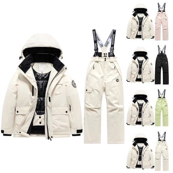 Boys Snowsuit Winter Ski Windproof Hooded Jacket Suspenders Pant Casual Warm Thermal Comfortable Girls 2 Piece Outfits 10-11 Y