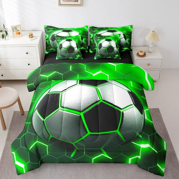Soccer Bedding Comforter Sets 7 Pieces Football Sports Bed in a Bag, Green Neon Honeycomb Twin Bedding Sets Geometric Hexagon Comforter Set, Green Black White Bedding Sets & Collections