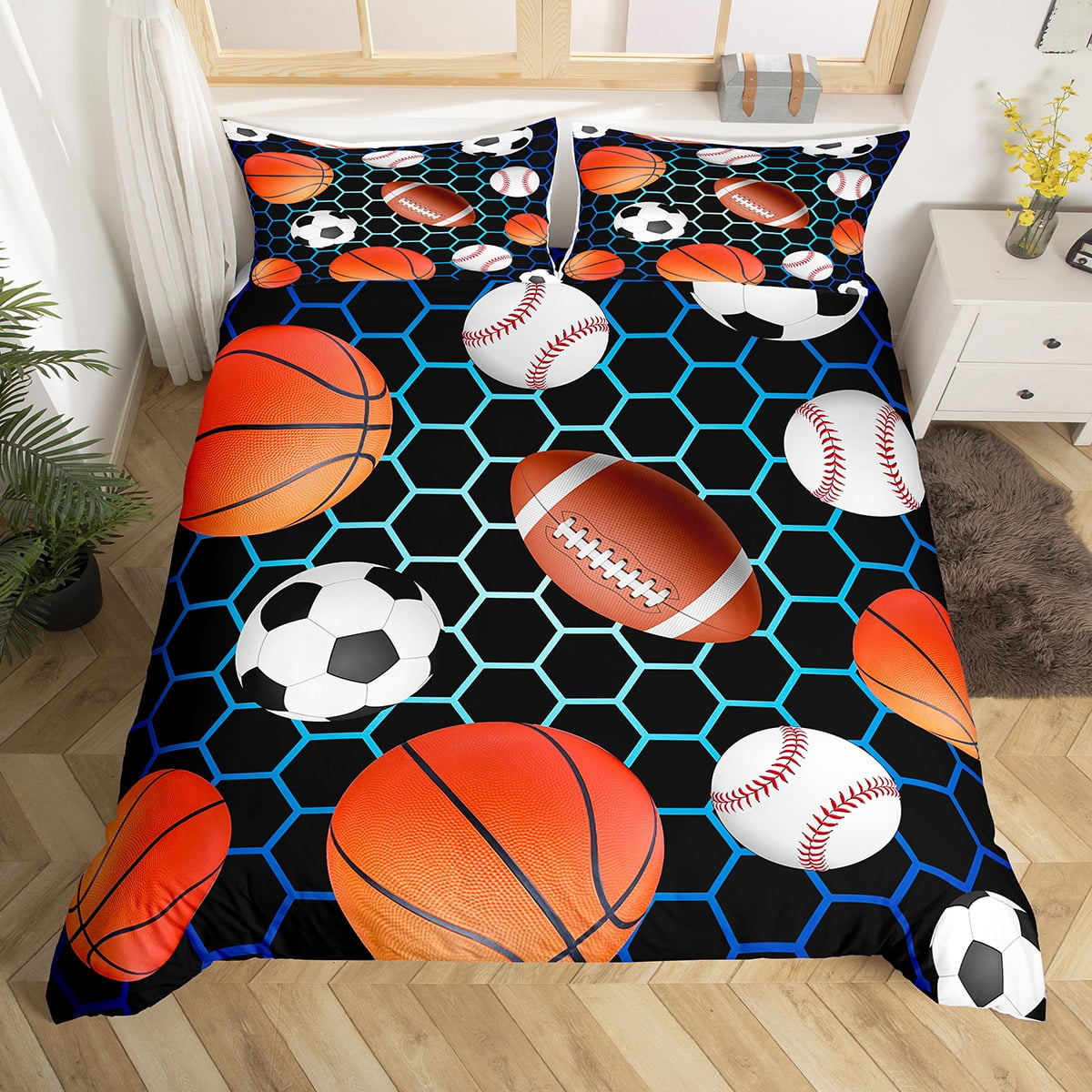 Boys Soccer Bedding Set Full Size, Basketball Football Comforter Cover