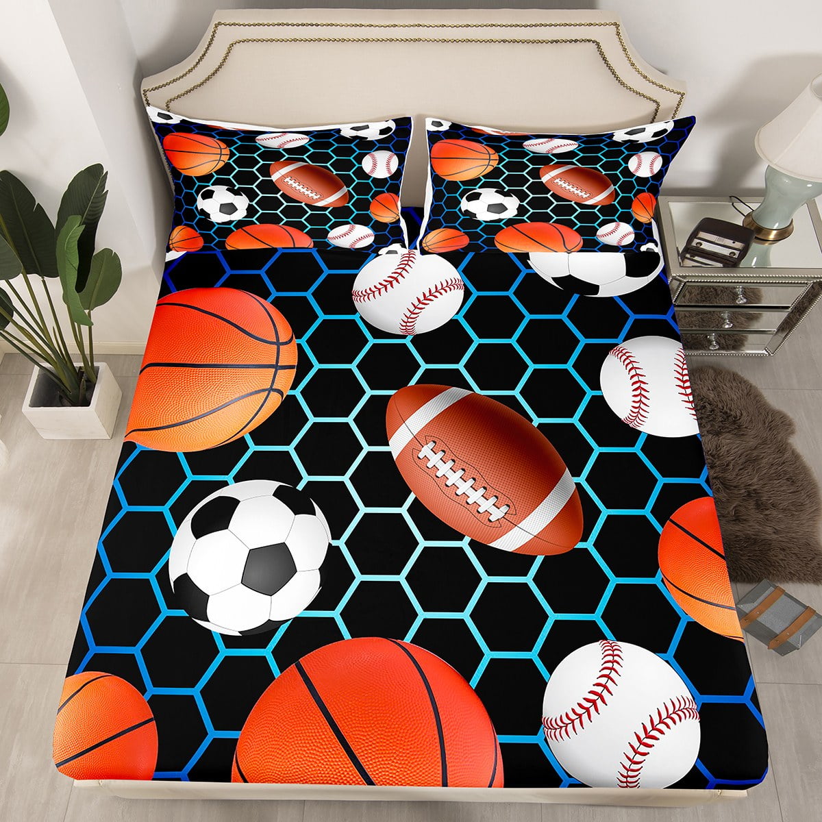 Boys Soccer Bedding Set Twin Size, Basketball Football Bed Sheets For