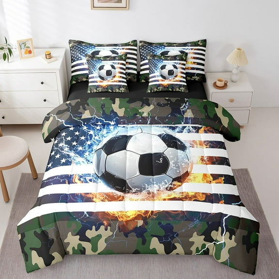 Soccer Comforter Set Bed In A Bag Full Size 7 Piece Football American Flag Bedding Set Teens Men (1 Camo Comforter, 1 Flat Sheet, 1 Fitted Sheet, 2 Pillowcase, 2 Throw Pillow Covers)
