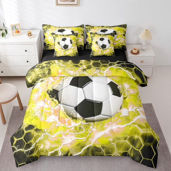 Soccer Comforter Set Full,Football Bedding Set Teens,Yellow Lightning Honeycomb (Comforter+Fitted+Flat Sheet+2 Pillowcases+2 Throw Pillow Covers) 7 Pieces Bed Set