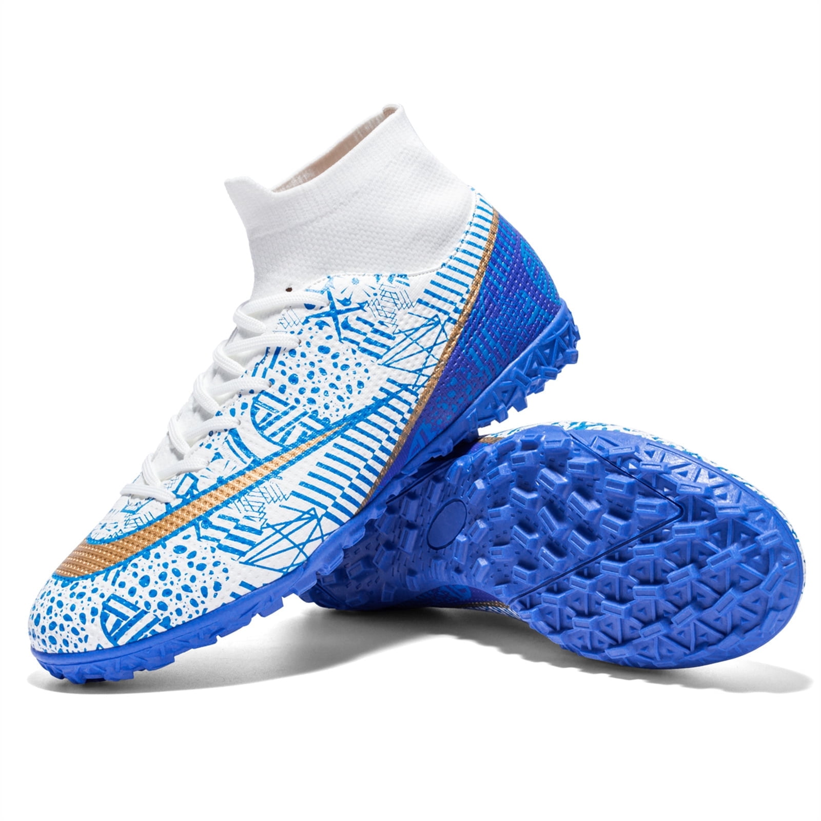 Boys Soccer Shoes Indoor Futsal TURF Youth Soccer Cleats Kids Spike TF High-Top Football Boots For Outdoor Training White Blue Size US5.5