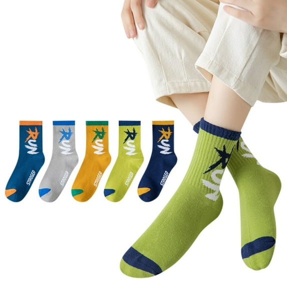 Boys Socks Crew Breathable Athletic Socks Letter Print Basketball Sport Running 5 Pairs Funny Gifts For Kids Socks Green 12-16 Years