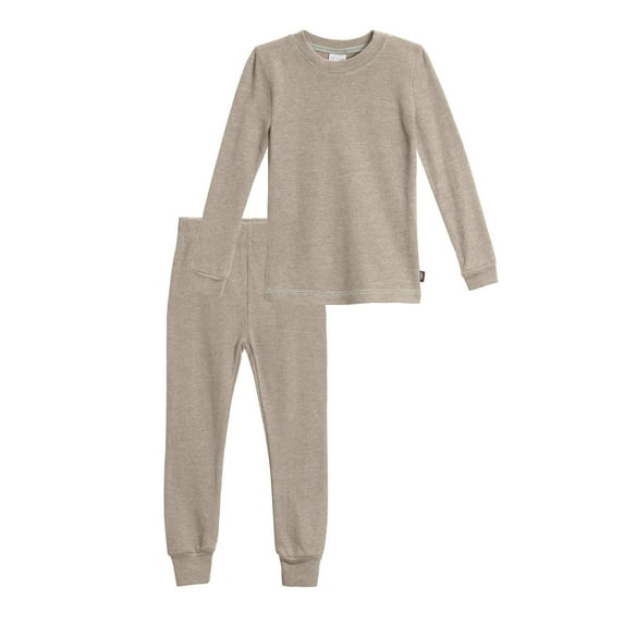 Made in USA Boys Soft Cozy Thermal 2-Piece Long Johns | Dark Khaki w- Baby Blue Stitch