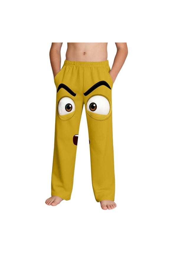 Boys Soft Stretchy Lounge Pants with Pockets Funny 3D Cartoon Face Print Yellow 95 Polyester 5 Spandex,Size 13 T