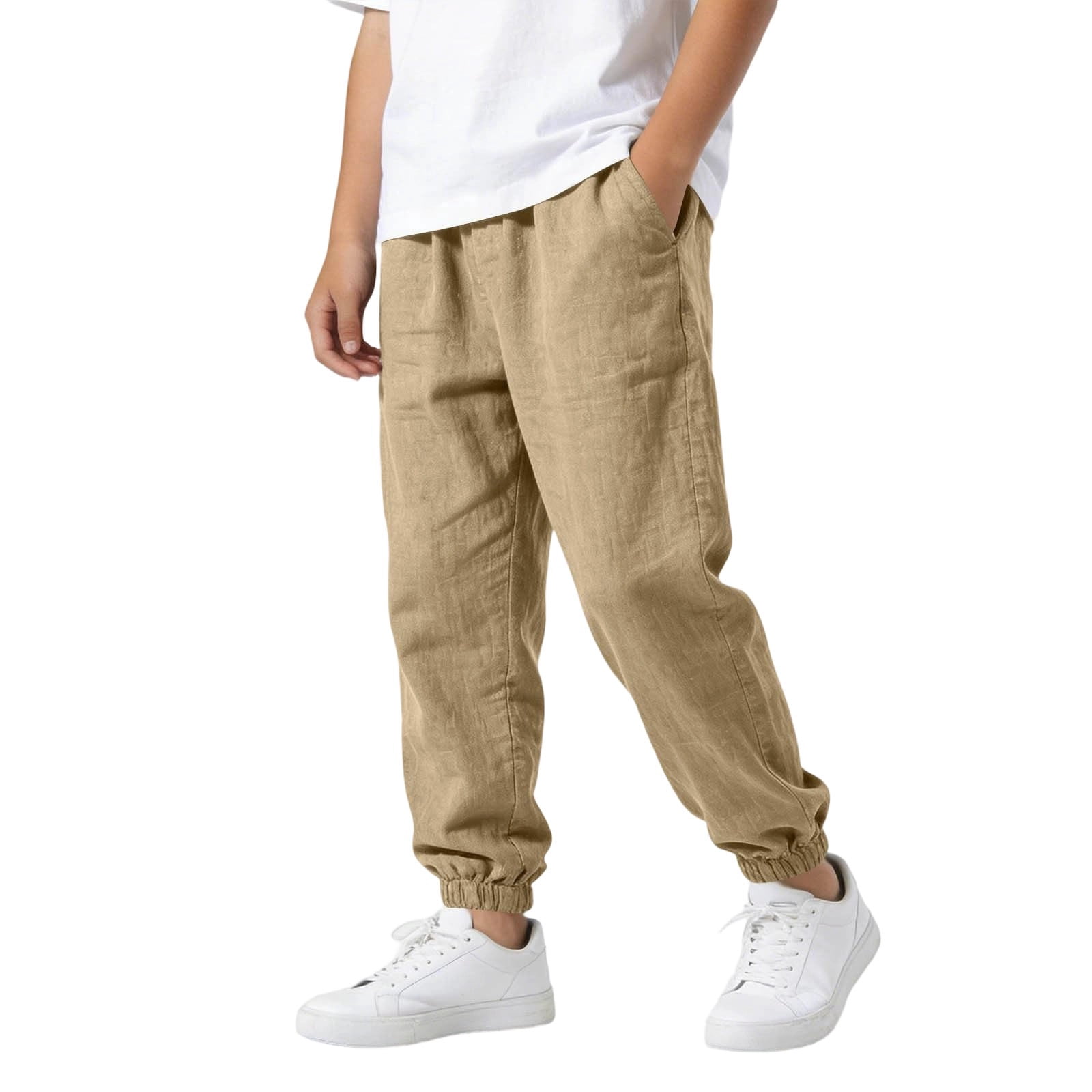 Boys Solid Casual Linen Blend Pants Elastic Waist Full Length Autumn ...