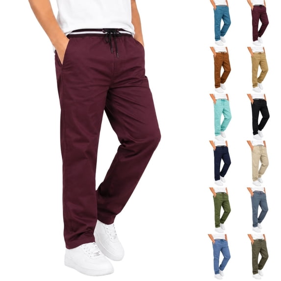 Boys Solid Casual Pull On Chino Pants Elastic Drawstring Waist Straight Leg School Uniform Trousers Kids Loose Fit Flat Woven Pants for Daily School Weekend Wear(Wine,15-16 Years)