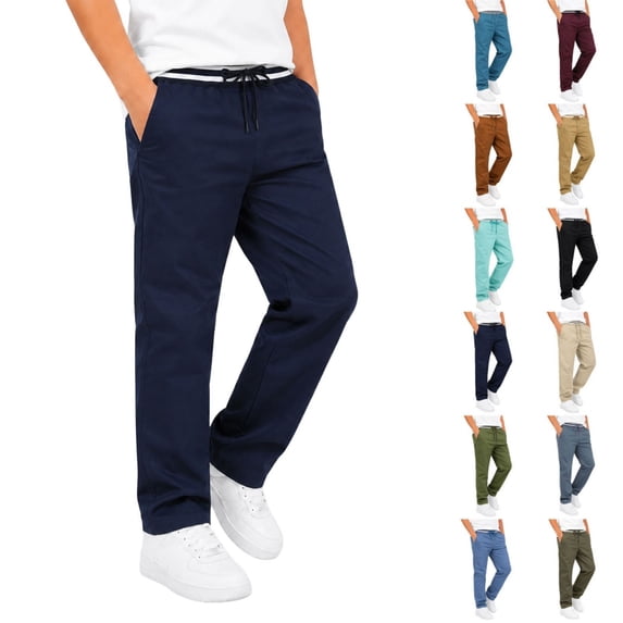 Boys Solid Casual Pull On Chino Pants Elastic Drawstring Waist Straight Leg School Uniform Trousers Kids Loose Fit Flat Woven Pants for Daily School Weekend Wear(Navy,7-8 Years)