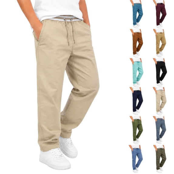 Boys Solid Casual Pull On Chino Pants Elastic Drawstring Waist Straight Leg School Uniform Trousers Kids Loose Fit Flat Woven Pants for Daily School Weekend Wear(Beige,5-6 Years)