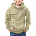 thumbnail image 1 of Boys Solid Color Half-Zip Hooded Sweatshirt, Casual Long Sleeve Pullover with Chest Pockets & Kangaroo Pocket, Fall Winter Warm Hoodie for Kids, Beige 110, 1 of 7