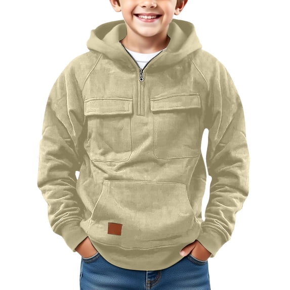 Boys Solid Color Half-Zip Hooded Sweatshirt, Casual Long Sleeve Pullover with Chest Pockets & Kangaroo Pocket, Fall Winter Warm Hoodie for Kids, Beige 110