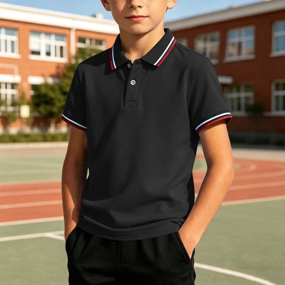Boys' Solid Color Short Sleeve Polo Shirt with Trim, Breathable Casual Shirt for Daily & School & Sports Wear, 3-12 Years Black 3-4 Years
