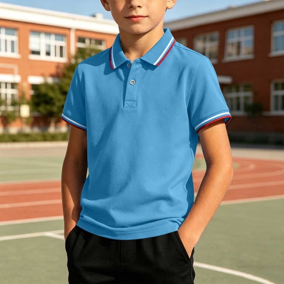Boys' Solid Color Short Sleeve Polo Shirt with Trim, Breathable Casual Shirt for Daily & School & Sports Wear, 3-12 Years Sky Blue 7-8 Years