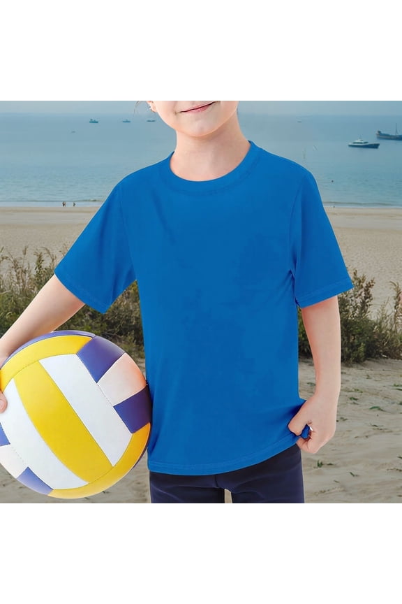 Boys Solid Color Short Sleeve Rash Guard Tee Round Neck Quick Dry UPF 50+ Beach Swim Shirt Summer Size 5-6Y